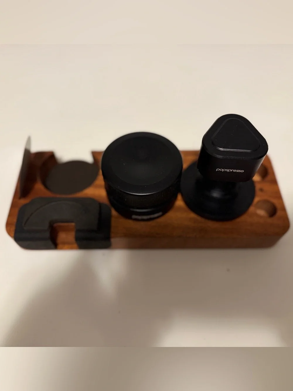 Popspresso Black Coffee Tamper and Distributor 58mm Set with Wooden Stand